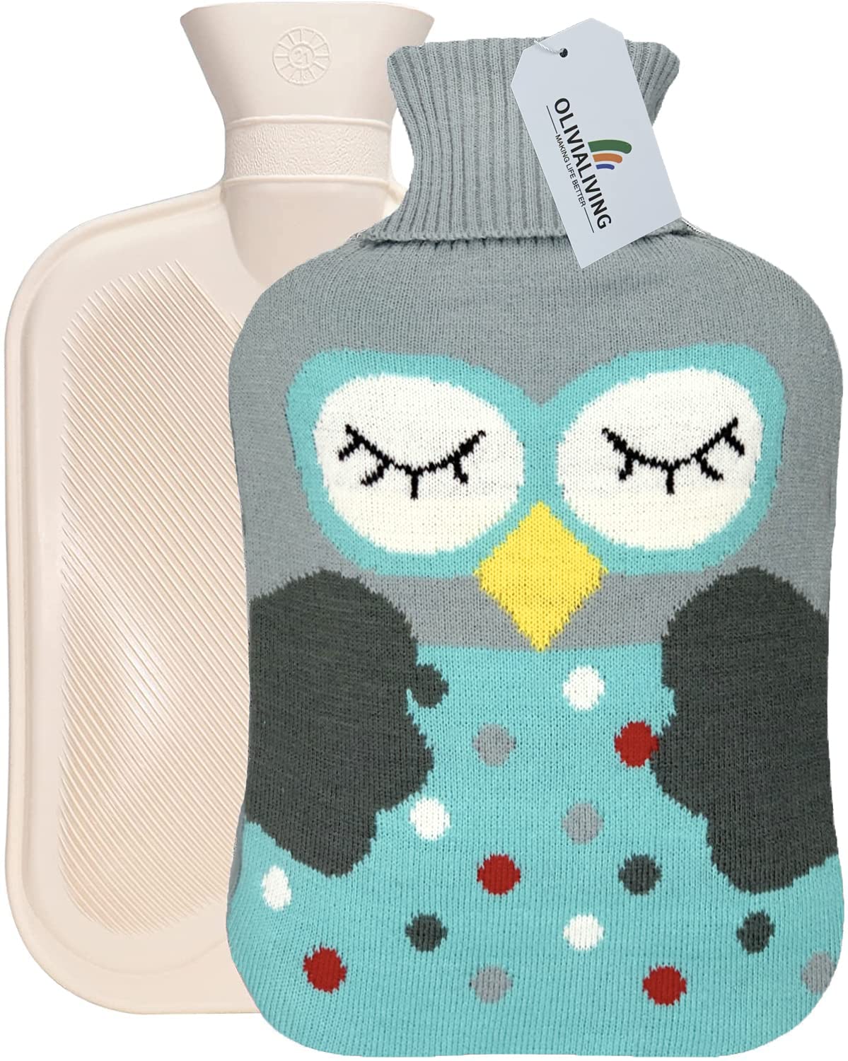 OliviaLiving Hot Water Bag Hot Water Bottle 2000ML Heat Up and Refreezable Hot Cold Pack with Knit Cover, Cartoon Owl