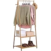 SHUOXIANG Bamboo Clothing Rack with Top Hanging Garment Rod, 2 Side Hooks & Bottom 2-Tier Shelves – Space-Saving Organizer for Clothes, Hats, Bags & Shoes