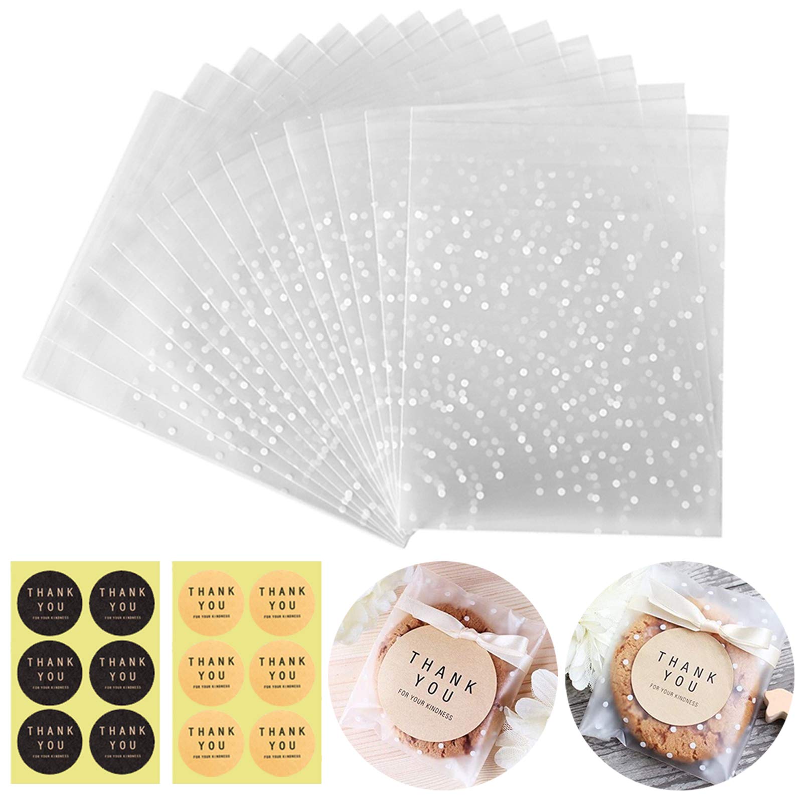 Photo 1 of 100 Packs Self Sealing Cellophane Treat Bags 5x7 Inches, Searik 4 Mils Resealable Plastic Pastry Cookie Bags with Thank You Labels for Party Gift Giving Bakery Candy Cookie Chocolate