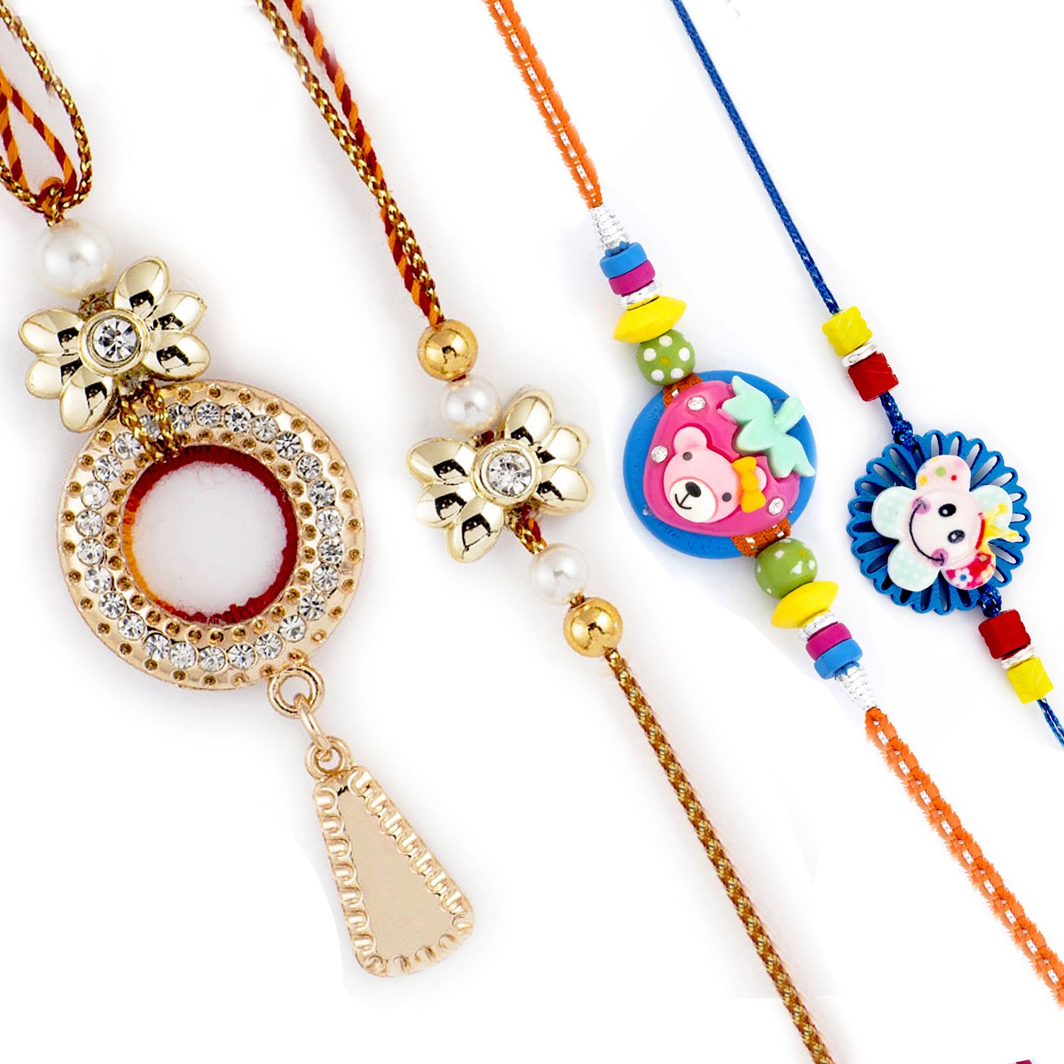 aapno rajasthan golden floral motif bhaiya bhabhi rakhi with 2 kids rakhi family set