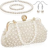 Talltalk 4 Pcs Women Pearl Clutch Purses with Necklace Bracelet Earring Set Jewelry Evening Bag Handbag Accessories for Tea Party Wedding Bridal Birthday