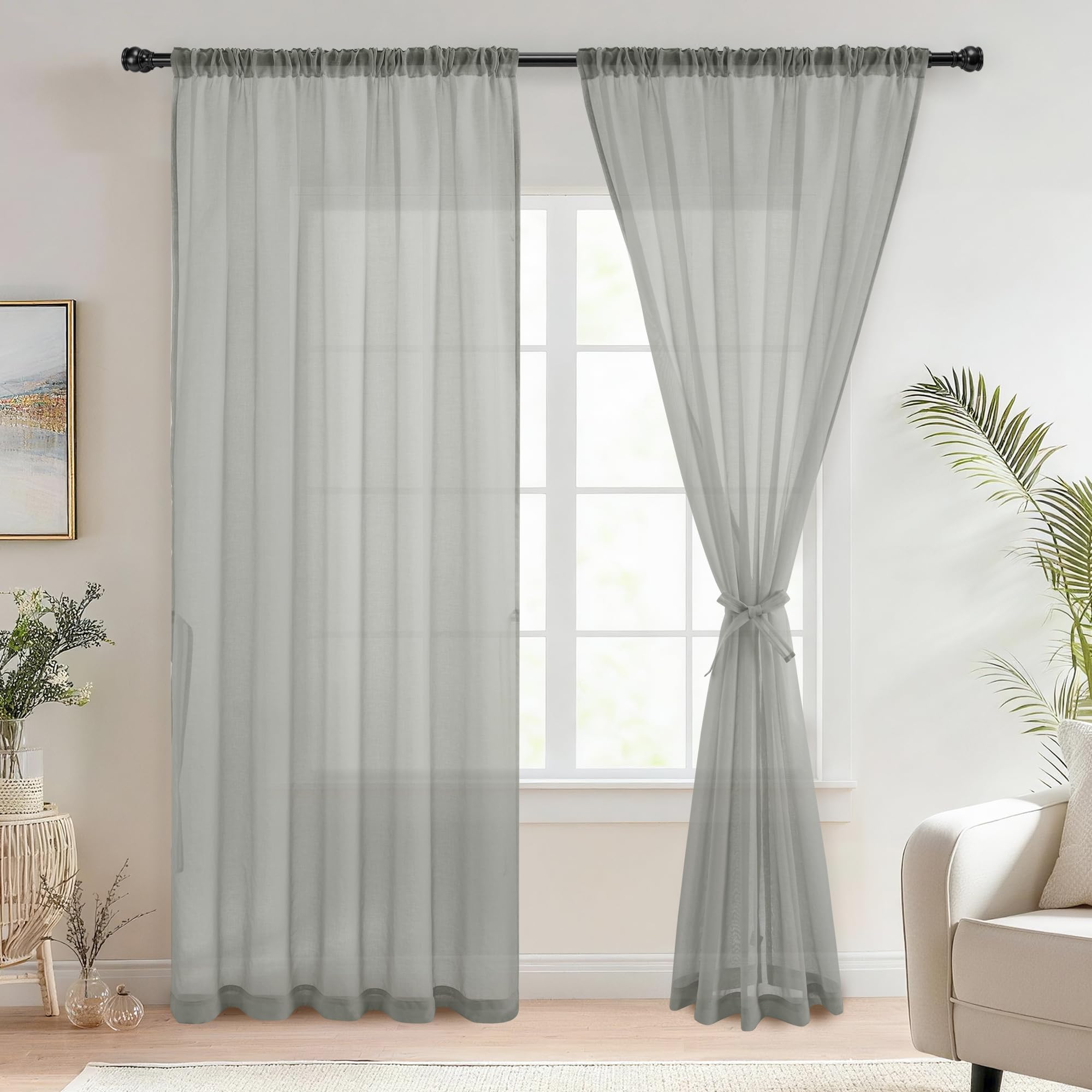 DWCN Grey Voile Curtains 90 drop Pencil Pleat Curtain Sheer with Tiebacks Curtain Semi Transparent Curtains 2 Panels, Grey, W46 x L90 Inch