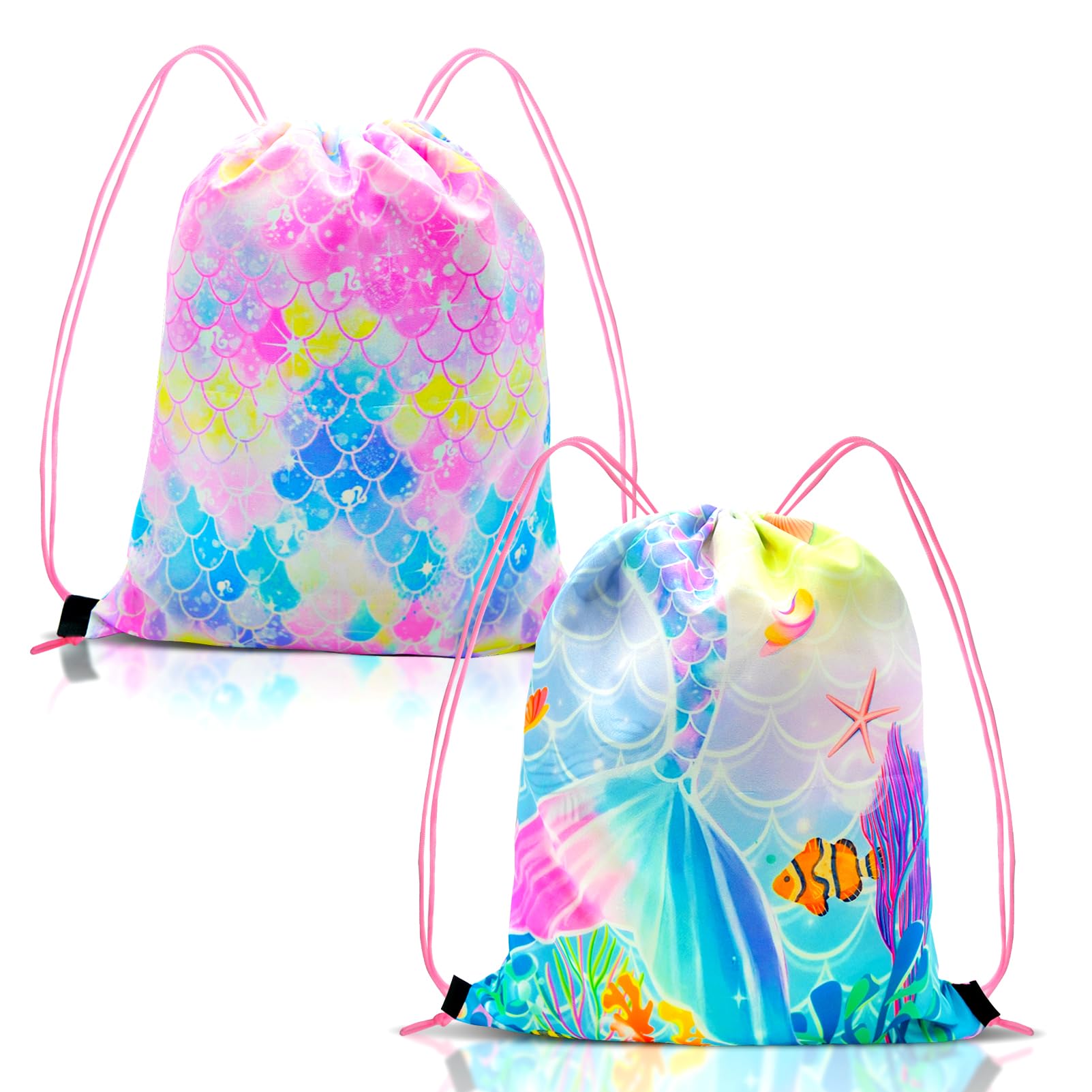 YONEEKSS 2PCS Mermaids Drawstring Bags for Kids, Pink Cartoon Backpack Drawstring Waterproof Sports Gym PE Bag for Traveling Swimming Party Picnic