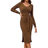 Dressystar Women's Fall Ribbed Knit Sweater Dress CrewNeck Long Sleeve Tie Waist Slim Fit Bodycon Midi Dress