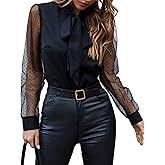 Milumia Women's Polka Dots Contrast Mesh Tie Bow Neck Blouse Dressy Button Down Shirt Work Tops