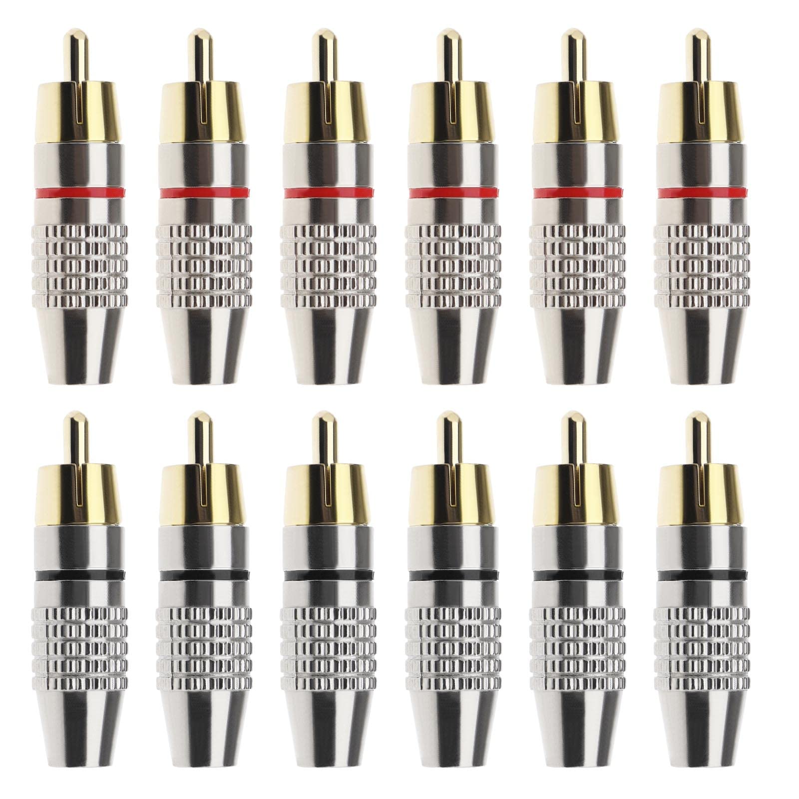 ECSiNG 12PCS RCA Male Plug Screws Audio Video Gold-Plated In-Line Jack Terminal Connector Adapter Solderless RCA Plug Black & Red