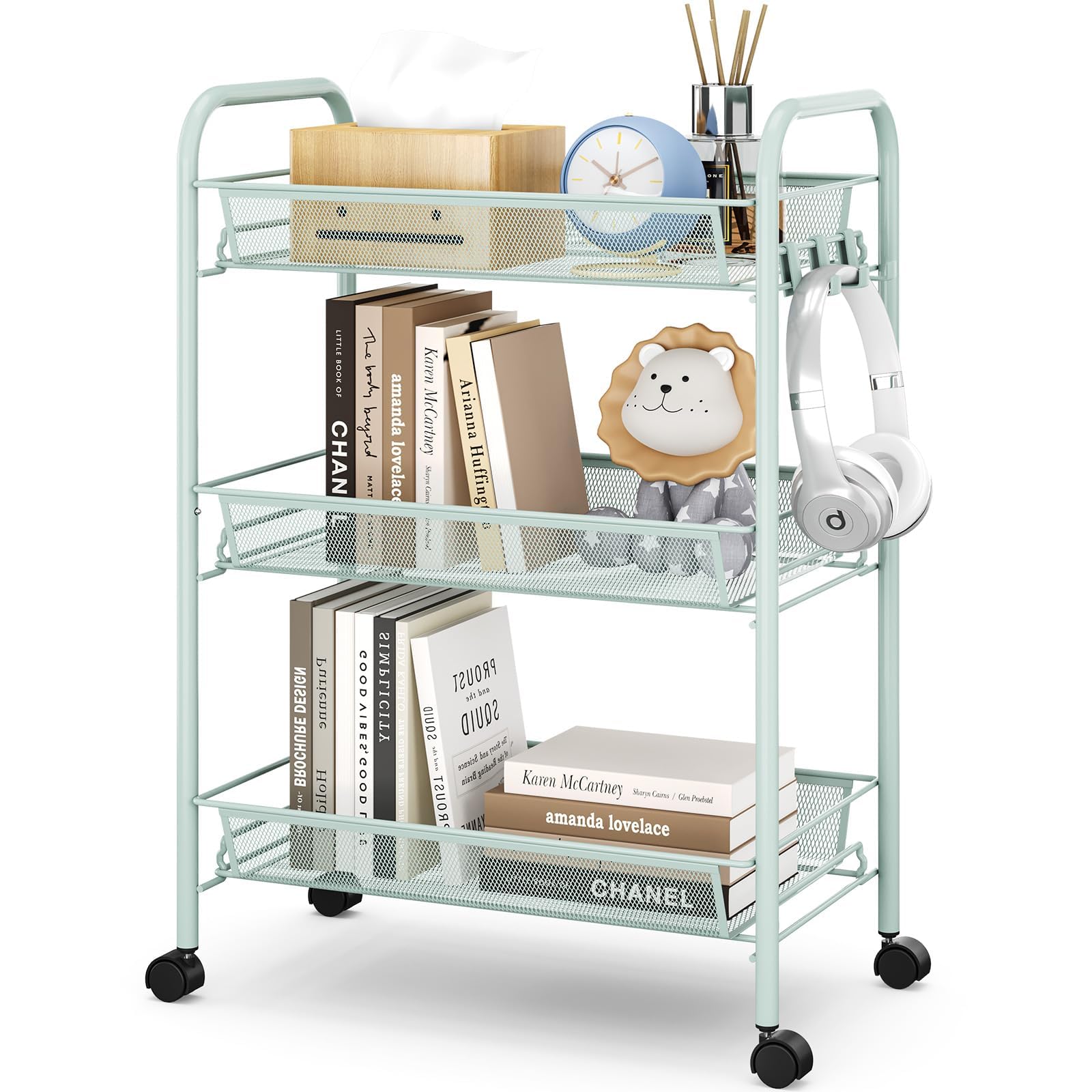 Photo 1 of TOOLF 3-Tier Metal Rolling Cart, Mesh Wire Easy Assemble Utility Cart, Storage Trolley on Wheels with 3 Hooks, MetalStorage Shelving Units for Kitchen Bathroom Laundry Room