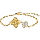 MYEARS Flower Bracelet for Women Gold Sideways Double Four-leaf-clover Link Charm 12 Month Birthstone Cubic Zirconia 14K Simple Dainty Thick Chain Floral Lucky Jewelry Gift