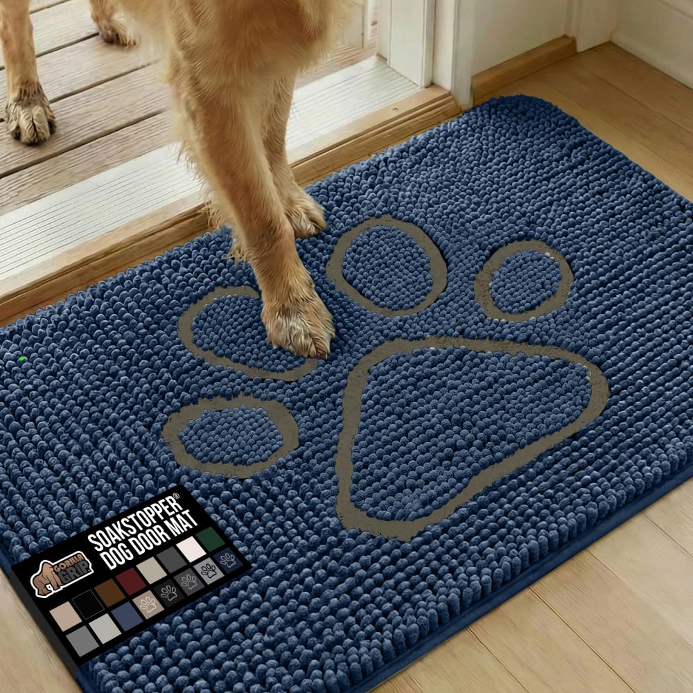 GORILLA GRIP SoakSTOPPER Dog Door Mat, 36x24 Machine Washable Rug Absorbent Doormat Captures Moisture Mud Dirt, Quick Dry Soft Chenille Entryway Rugs Indoor Entrance Mats for Dog Paws, Navy Image