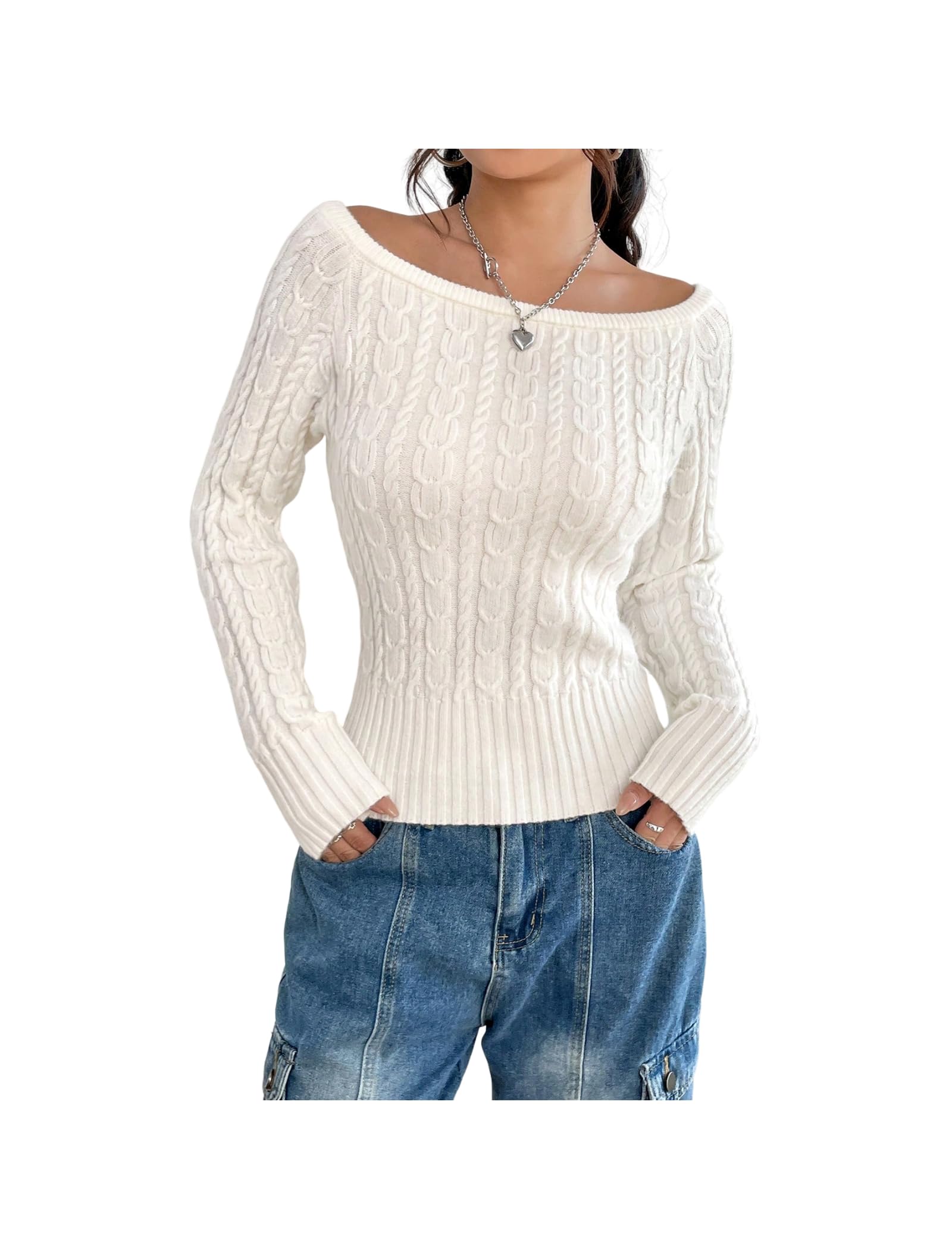 ZAFUL Women's Boat Neck Cable Knit Sweater, Long Sleeve Slim Fit Pullover Sweaters for Women 2025 (1-White, S)