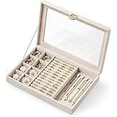 bussdis Glass Lid Jewelry Organizer Box – Beige Velvet Jewelry Case with Ring Slots, Necklace Hooks & Removable Compartments for Earrings, Rings & Bracelets