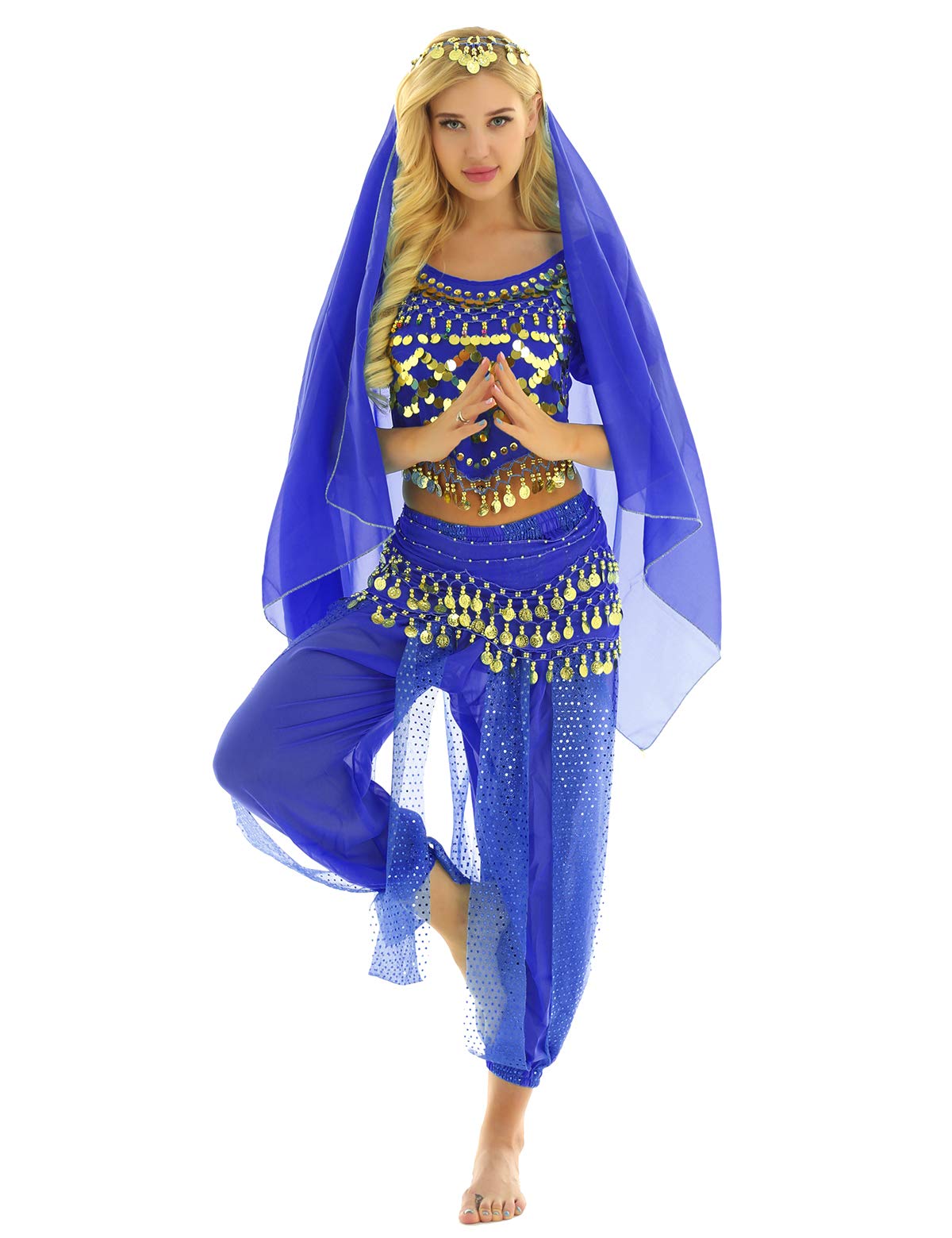 Yeahdor Women's 4pcs Belly Dance Outfits Indian Dance Costume Halloween Festival Carnival Fancy Dress Royal Blue One Size