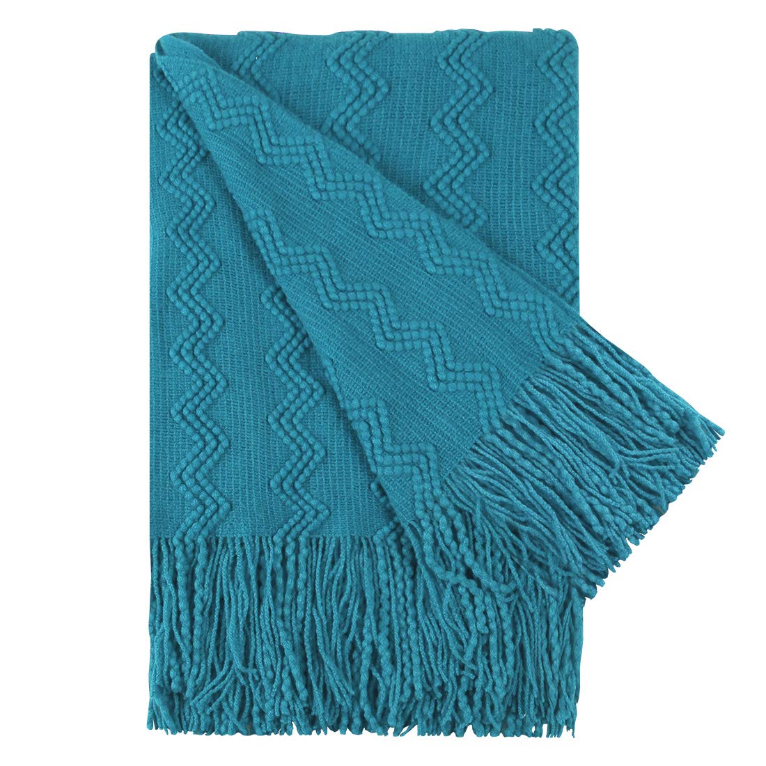 PiccoCasa 100% Acrylic Knit Throw Blanket with Tassels for Couch, Bed, Sofa, Travel,Solid Soft Lightweight Sofa Throw Couch Cover Knitted Decorative Blanket,Pacific Blue,50" x 60"