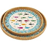 Round Rattan Tray with Mother of Pearl Inlay, 11.8" & 13.8" Handwoven Coffee Table Boho Decor Basket for Serving Bread Fruit Food Kitchen Home Office 2 Sizes (Blue Fish)
