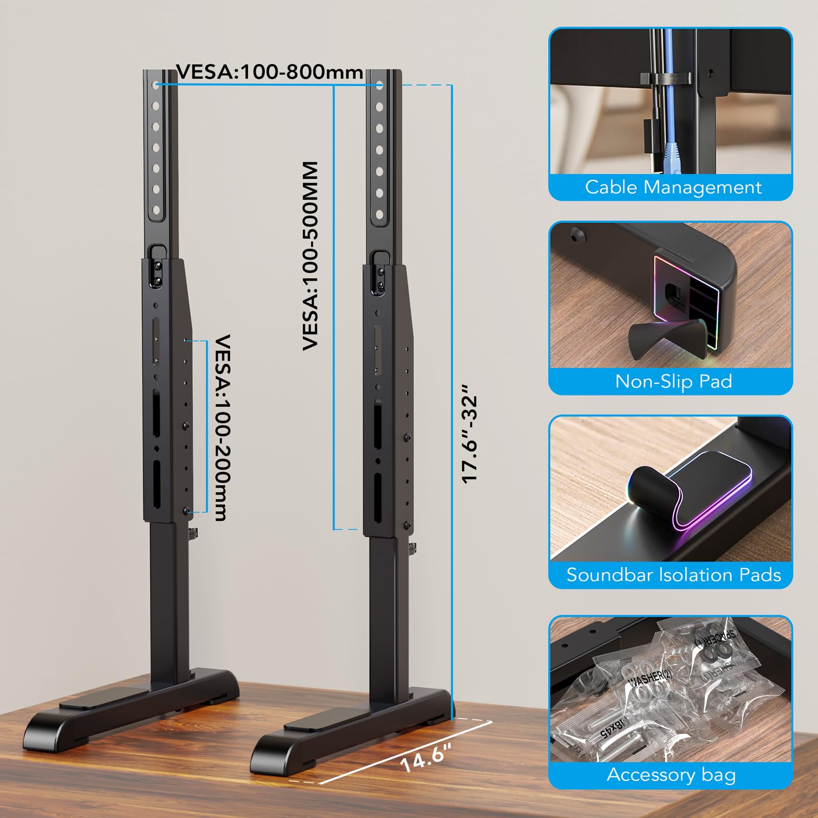 AX WABER Universal TV Stand, Table Top TV Stand Base Wobble-Free Replacement for Most 24 to 80 Inch LCD LED TVs, 7 Height Adjustable TV Legs Hold up to 150lbs, Max VESA 800x500mm, Black AX10TB02
