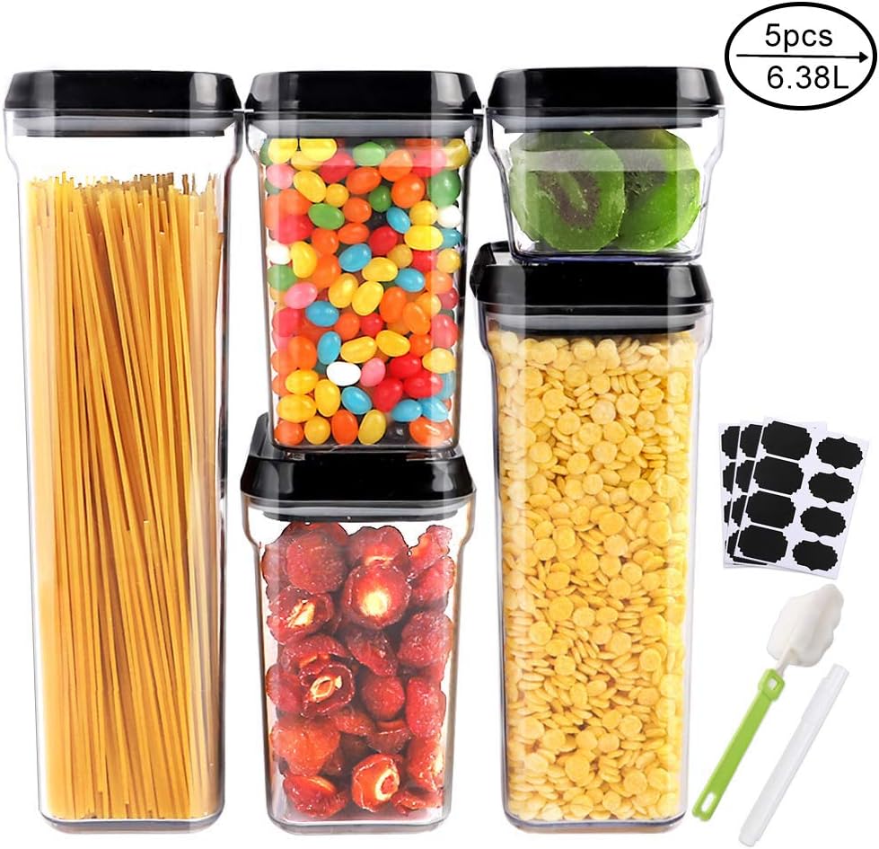 Simplebreeze 5pcs Airtight Food Storage Containers 2.3L/1.7L/1L/0.38L, Plastic Cereal Containers with Black Lids, with Stickers, Pen and Brush