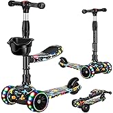 CLrkualn 2-in-1 Kick Scooter for Kids Ages 3-8, Adjustable Height Foldable Scooter Removable Seat, 3 LED Light Wheels, Outdoor Activities for Toddlers Boys Girls