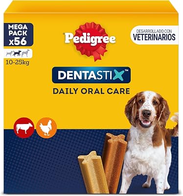 DENTASTIX Sticks Dentaires pour Moyen Chien 10-25kg - 56 Bâtonnets à Mâcher (Lot de 8 Sachets de 7 Friandises) - Hygiène Bucco-dentaire, Scientifiquement Prouvé, Nettoyage Dents au Quotidien