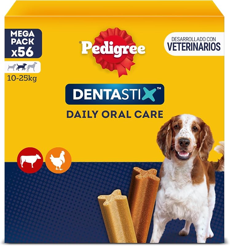 DENTASTIX Sticks Dentaires pour Moyen Chien 10-25kg - 56 Bâtonnets à Mâcher (Lot de 8 Sachets de 7 Friandises) - Hygiène Bucco-dentaire, Scientifiquement Prouvé, Nettoyage Dents au Quotidien