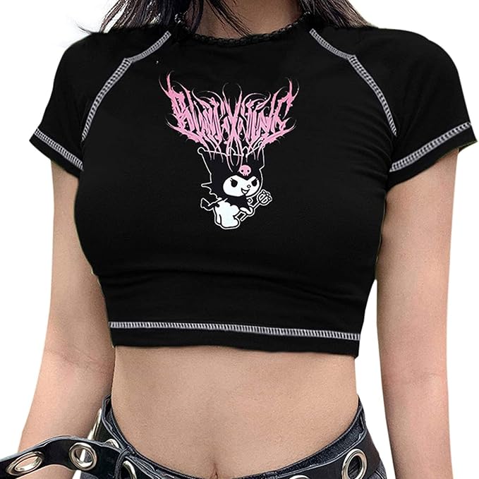 Camiseta Kuromi Melody de conejo blanca con manga corta para mujer