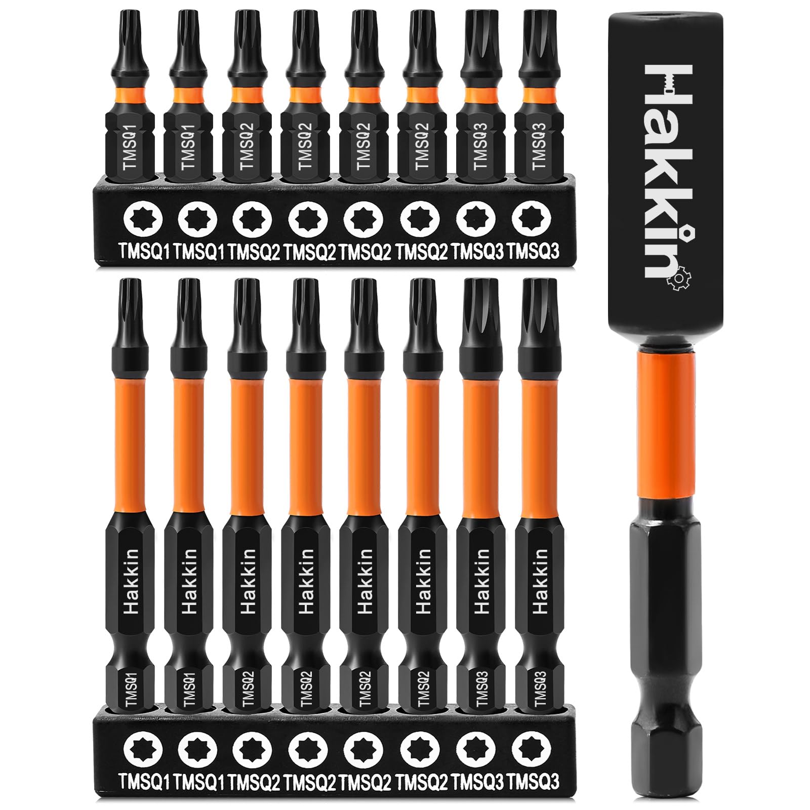 Double Square 8 Point Star Bit Set Hakkin 17Pcs S2 Steel 8 Spline Double Square Fastener Drive Bit Set Size #1, #2, #3 in 25mm and 60mm with 1Pcs 75mm Bit Extension