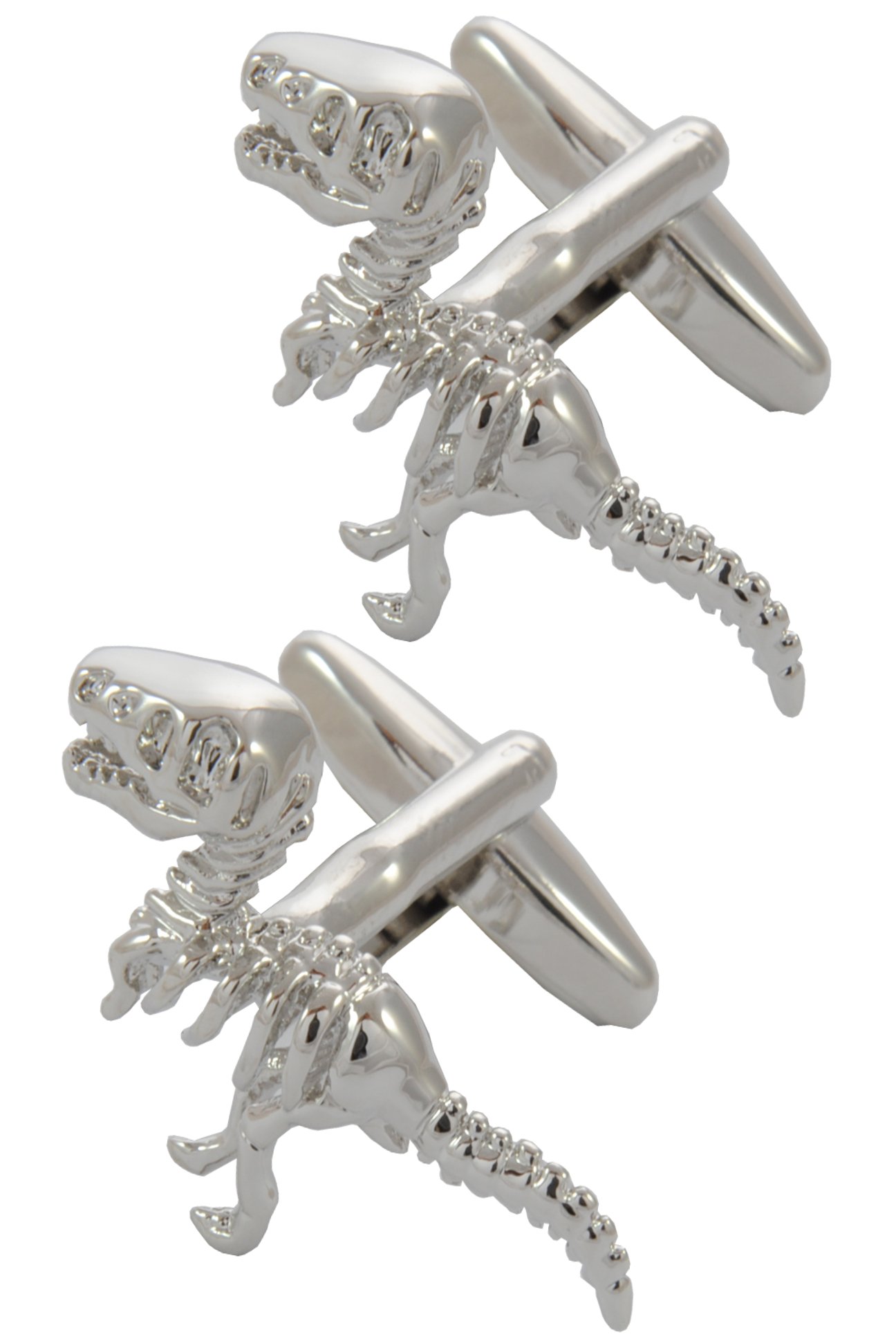 Cufflinks for Men + Presentation Box - Silver Colour - Dinosaurs - Tyrannosaurus Rex - Solid Brass Metal - Animals - History Museum Prehistoric Extinct - One Pair