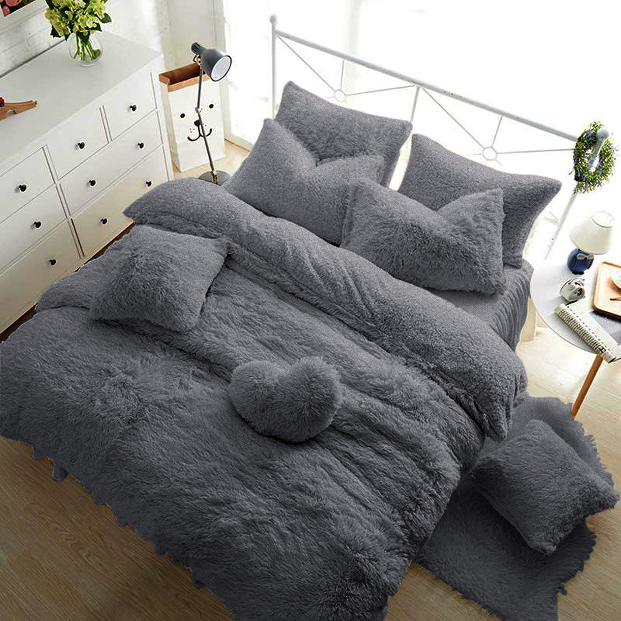 Teddy Bear Fleece Warm & Cozy Bedding Bedroom Collection (Silver Grey