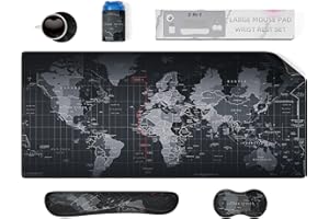 PULAIXIN 5 in 1 Keyboard Mouse Pad Set, Mouse Pad Wrist Support, Extended Gaming Mouse Pad + Keyboard Wrist Rest Support, (34.5×15.7 in) Large Ergonomic Mousepad Desk Mat Combo -Black World Map