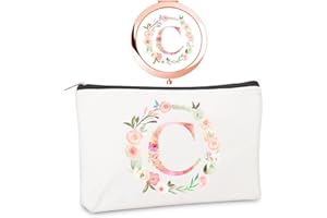 BOUTIKPRO Personalized Gift Initial Compact Mirror w Makeup Bag for Women Sister Daughter Mom Wife, Floral Monogram Alphabet Small Mirror Ideal Gift on Birthday, Christmas, Graduation (C + Bag, ROSE GOLD)