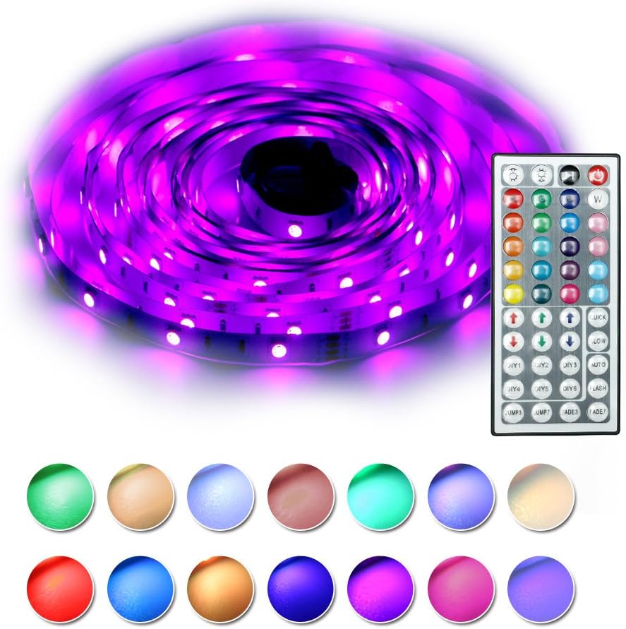 RaThun Led Strip Lighting 5-Meter 16.4 Ft 5050 RGB 150 Leds Flexible Color Changing Full Kit with 44 Keys IR Remote Controller,Control Box,12V 5A Power Supply for Home lighting Decorative