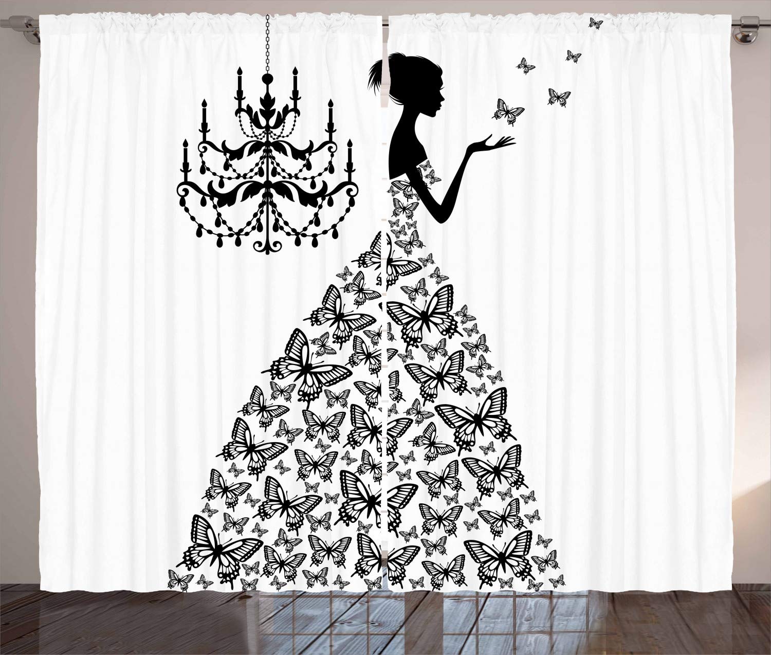 ABAKUHAUS Vintage Curtains, Love Country Wedding Themed Romantic Butterflies Princess Retro Parisienne, Living Room Bedroom Window Drapes 2 Panel Set, 280 x 260 cm, Charcoal Grey White — image 1