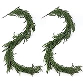 2 Pcs 6FT Artificial Norfolk Pine Garland, Christmas Real Touch Winter Pine Garlands Realistic, Green Greenery Garland for Mantle, Stairs, Fireplace, Wall, Door, Table, Indoor Holiday Xmas Decortions