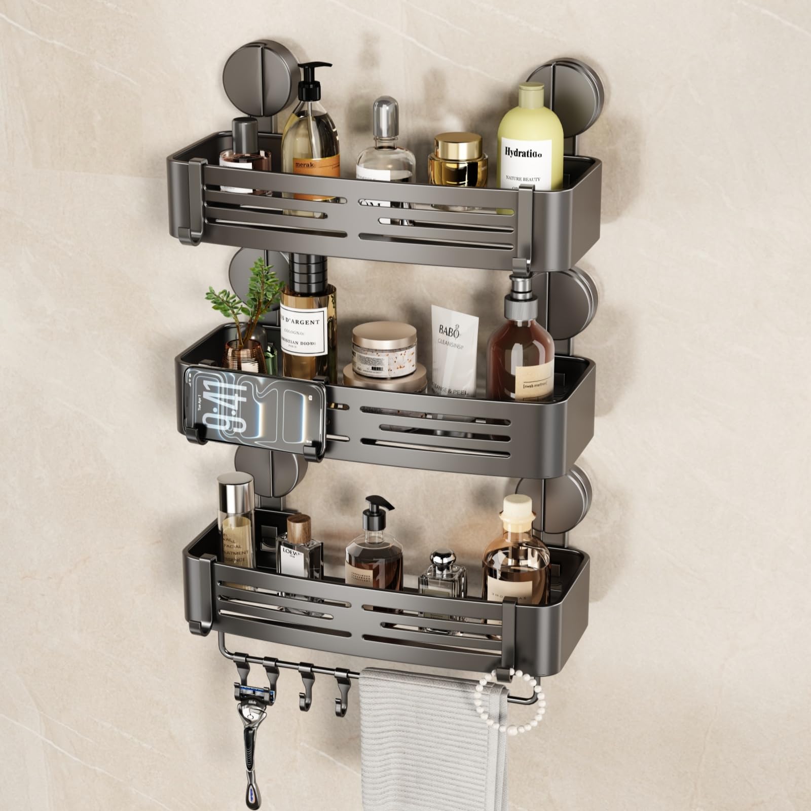 VOLPONE Shower Caddy Suction Cup No Drilling Suction Cup Shower Shelf Heavy Duty Bathroom Shower Organizer Storage Rack Adhesive with Towel Bar Hooks (3-Pack, Matte Gray)