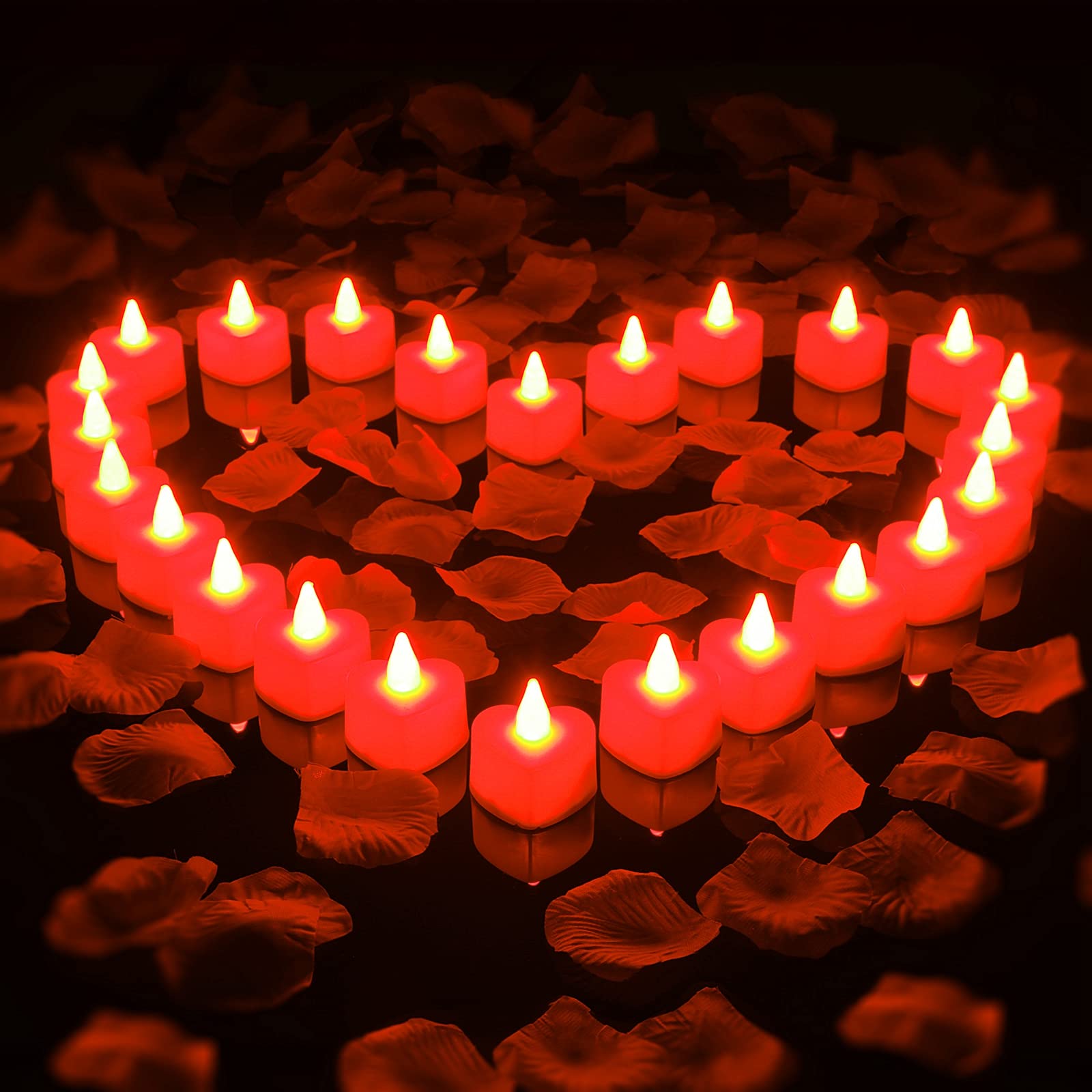1000 Pieces Artificial Rose Petal with 24 Pieces Romantic Heart LED Candle Flameless Love LED Tealight Candle for Romantic Night Valentines Anniversary Wedding Table Decor (Red)