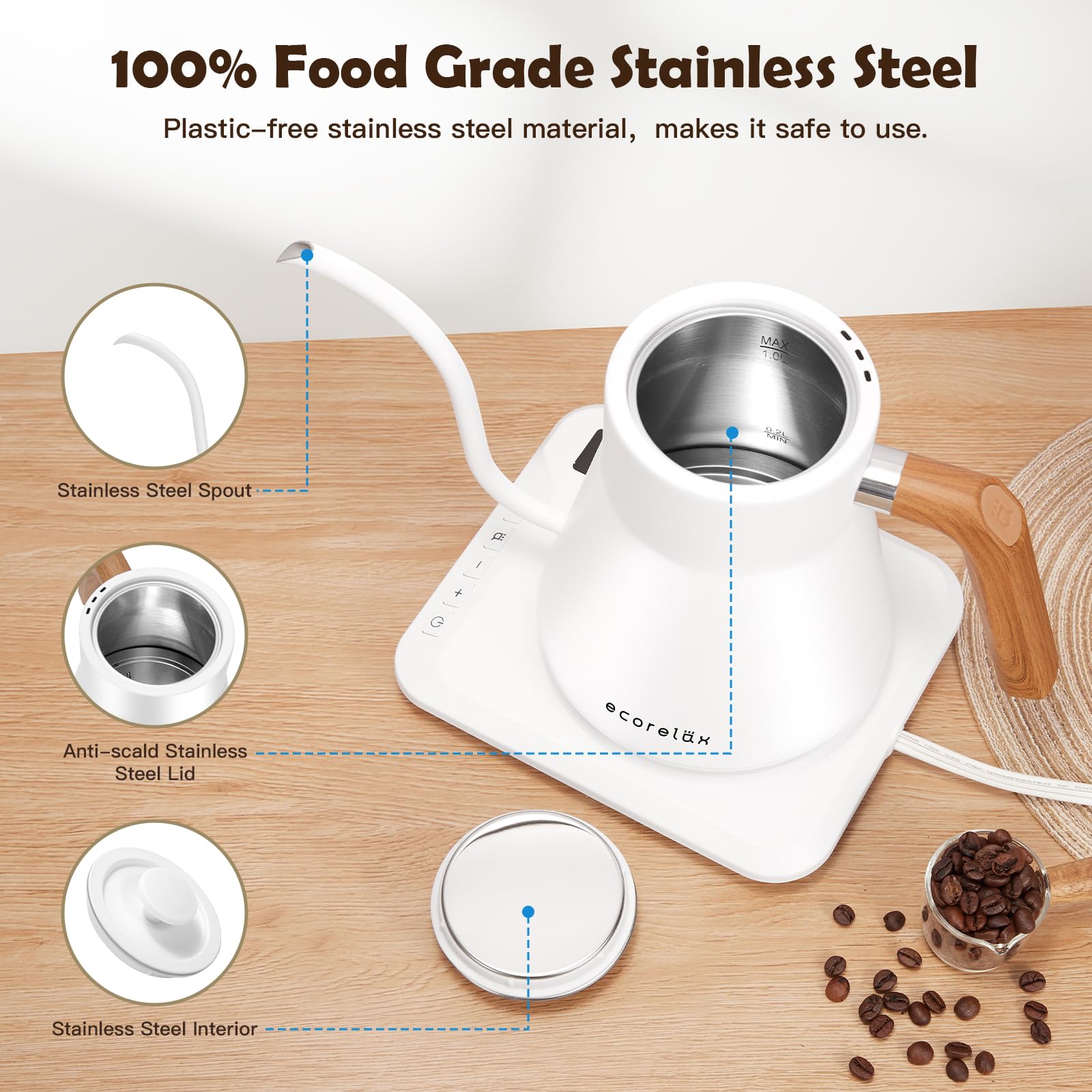 ECORELAX Hervidor eléctrico con cuello de cisne, control de temperatura ±1℉, hervidor para café, té y agua, acero inoxidable, 1200 W, pantalla OLED para mantener caliente, 1 L (blanco)