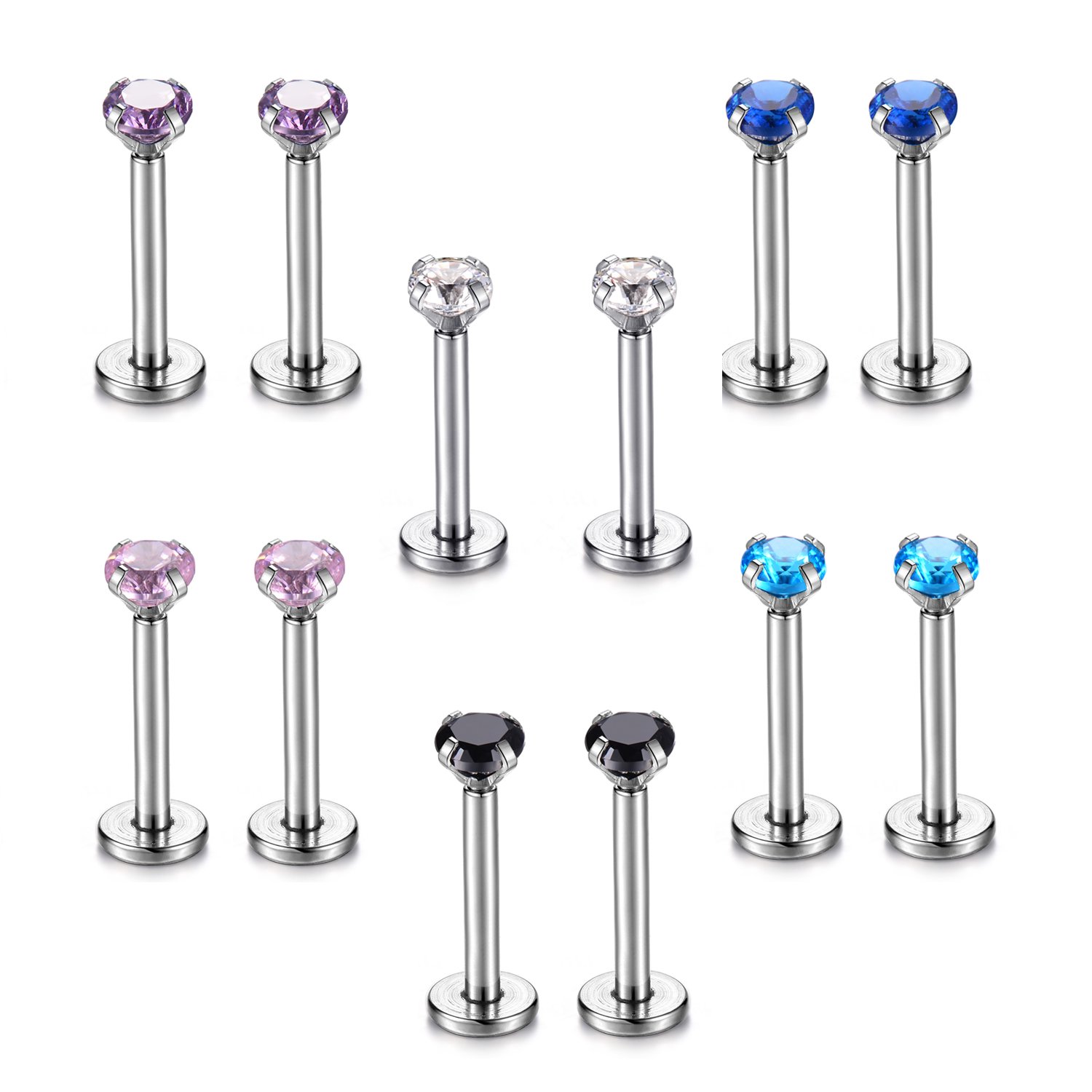 6 Set Nose Labret Lip Ear Piercings Cartilage Tragus Helix Studs Earrings 1.2MM 16G 3mm CZ 8mm Rod