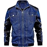 FTIMILD Men's Denim Jacket Vintage Jean Trucker Jacket with Leather Patchwork Multiple Pockets