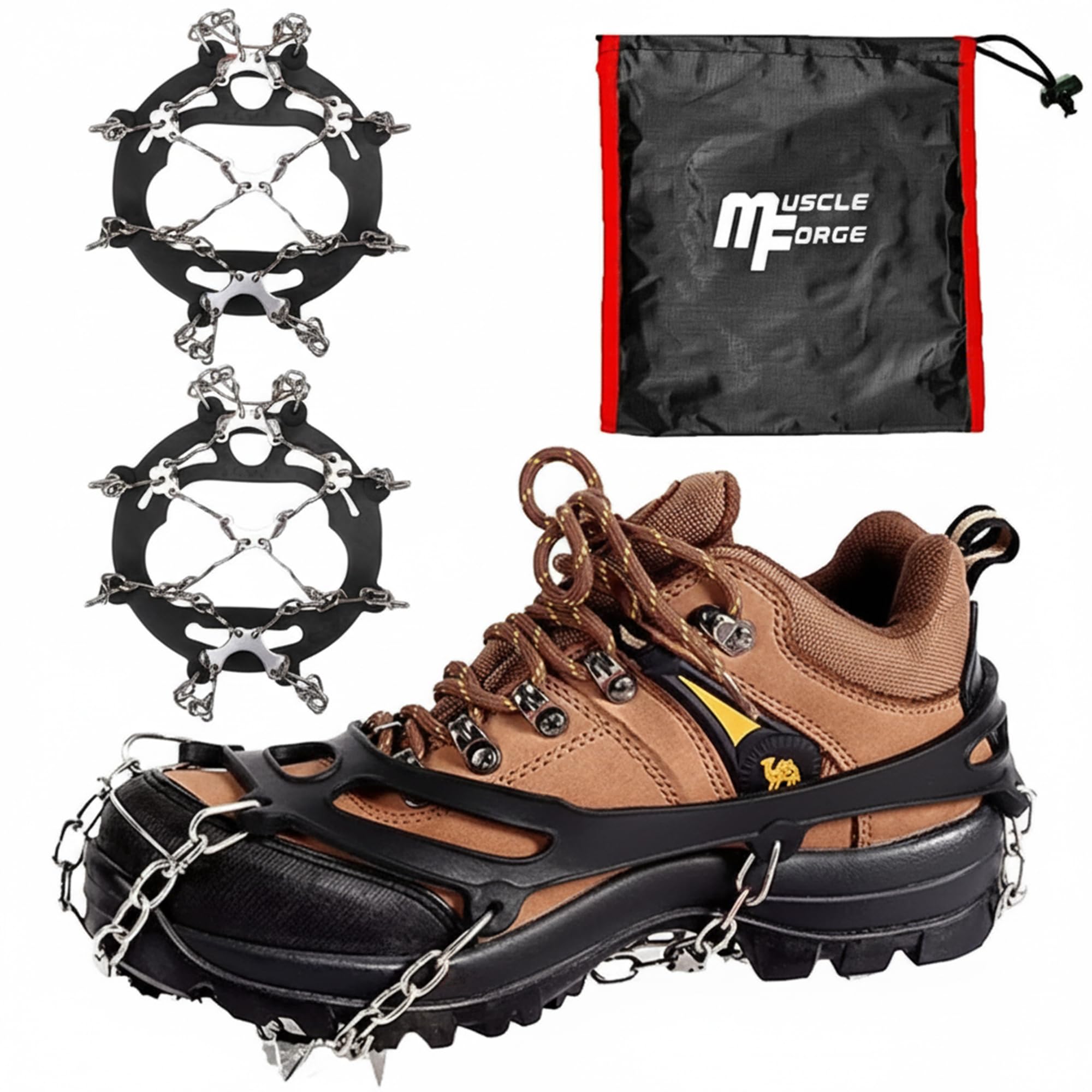 MuscleForge Crampons for Hiking and Mountaineering with 8/19 Points, Snow Chains for Shoes, Hiking Stainless Steel, Mountain Crampons with 8/19 Spikes for Snow, Size M/L/XL