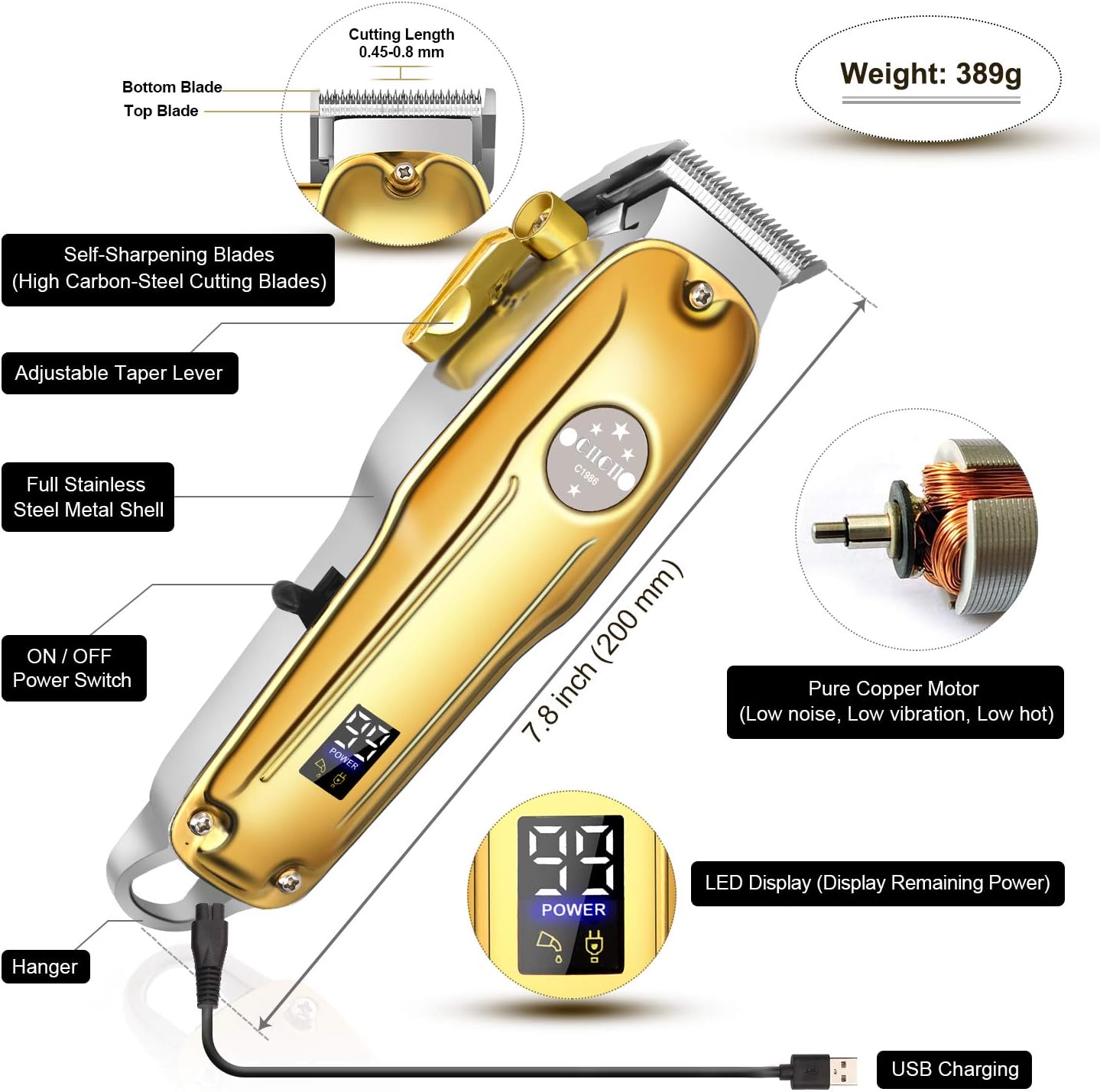 Cordless Hair Clippers for Men, CIICII Professional Hair Trimmer Set (12Pcs USB Rechargeable Adjustable LCD Display Hair Beard Cutting Grooming Trimming Haircut Kit) for DIY Home Barber Salon: Health & Personal Care