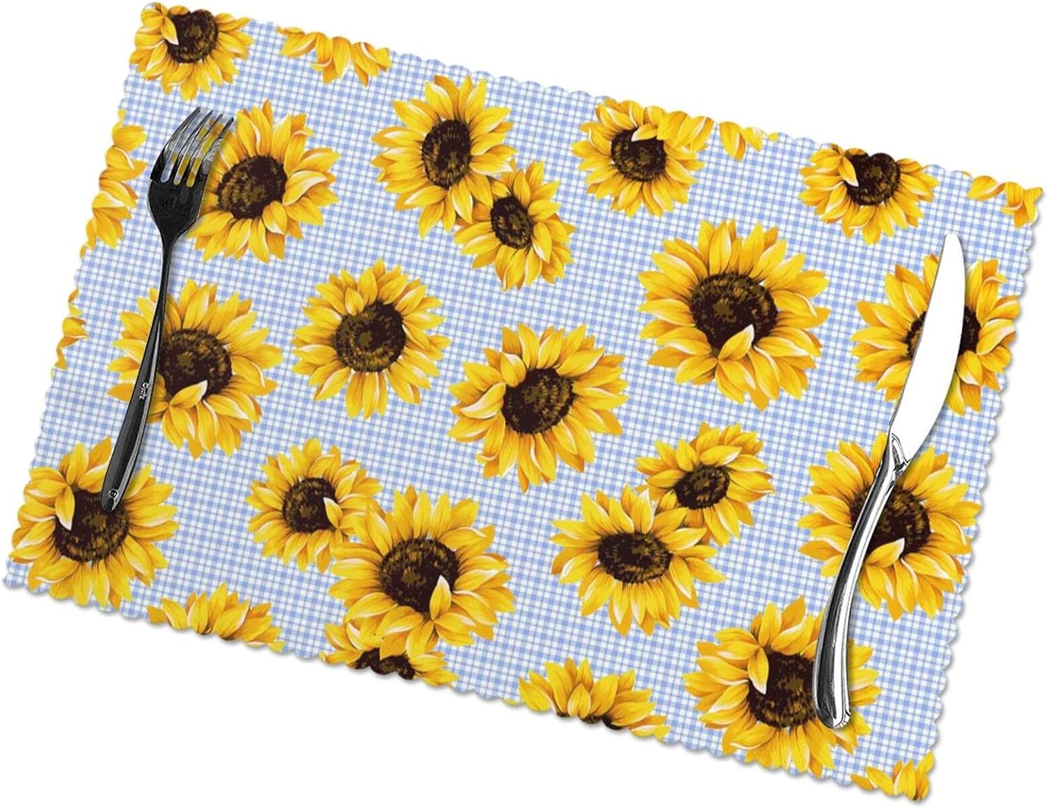 Floral Yellow and Light Blue Sunflower Gingham Placemats Set of 4 Place