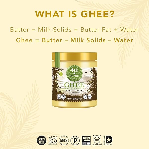 4TH & HEART VANILLA BEAN GRASS-FED GHEE, CLARIFIED BUTTER, 1:1 BUTTER SUBSTITUTE, PASTURE-RAISED, LACTOSE & CASEIN FREE, 16 OZ