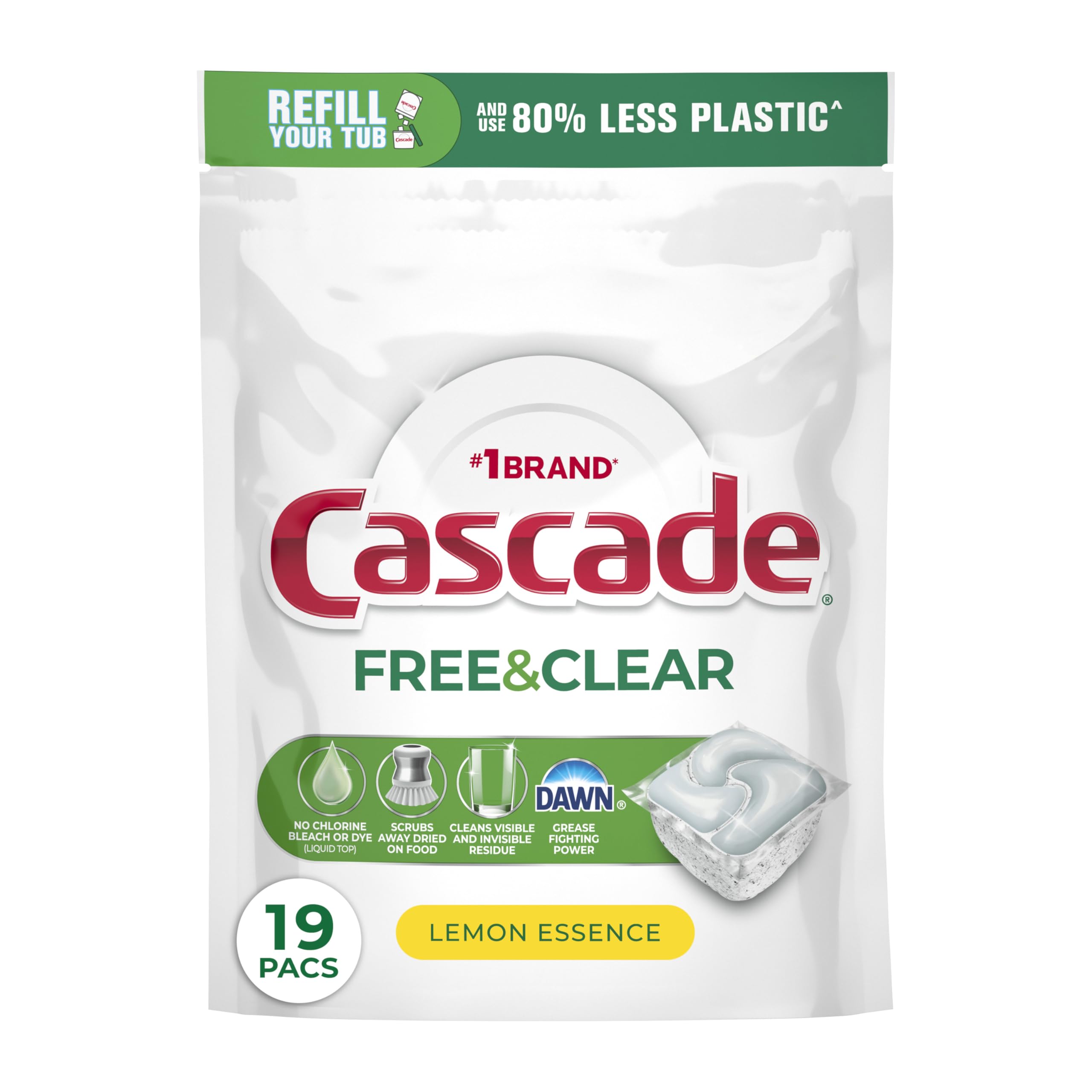 Cascade Free & Clear Dishwasher Pods, Dishwasher Detergent, Dish Detergent Soap, Lemon Essence, 19 Count
