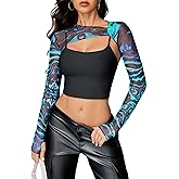 Avidlove Women Sexy Long Sleeve Mesh Crop Top Solid Cover Up with Spaghetti Strap Cami Top 2 Pieces Clubwear with Thumb Holes