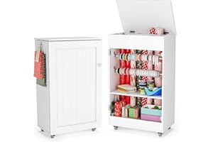 Crafit Wrapping Paper Storage Cabinet, Rolling Gift Wrap Organizer Cart with Ribbon Holder Rack and Gift Bag Storage, Gift Wrapping Station, Arts Craft Organizers and Storage Christmas Decorations