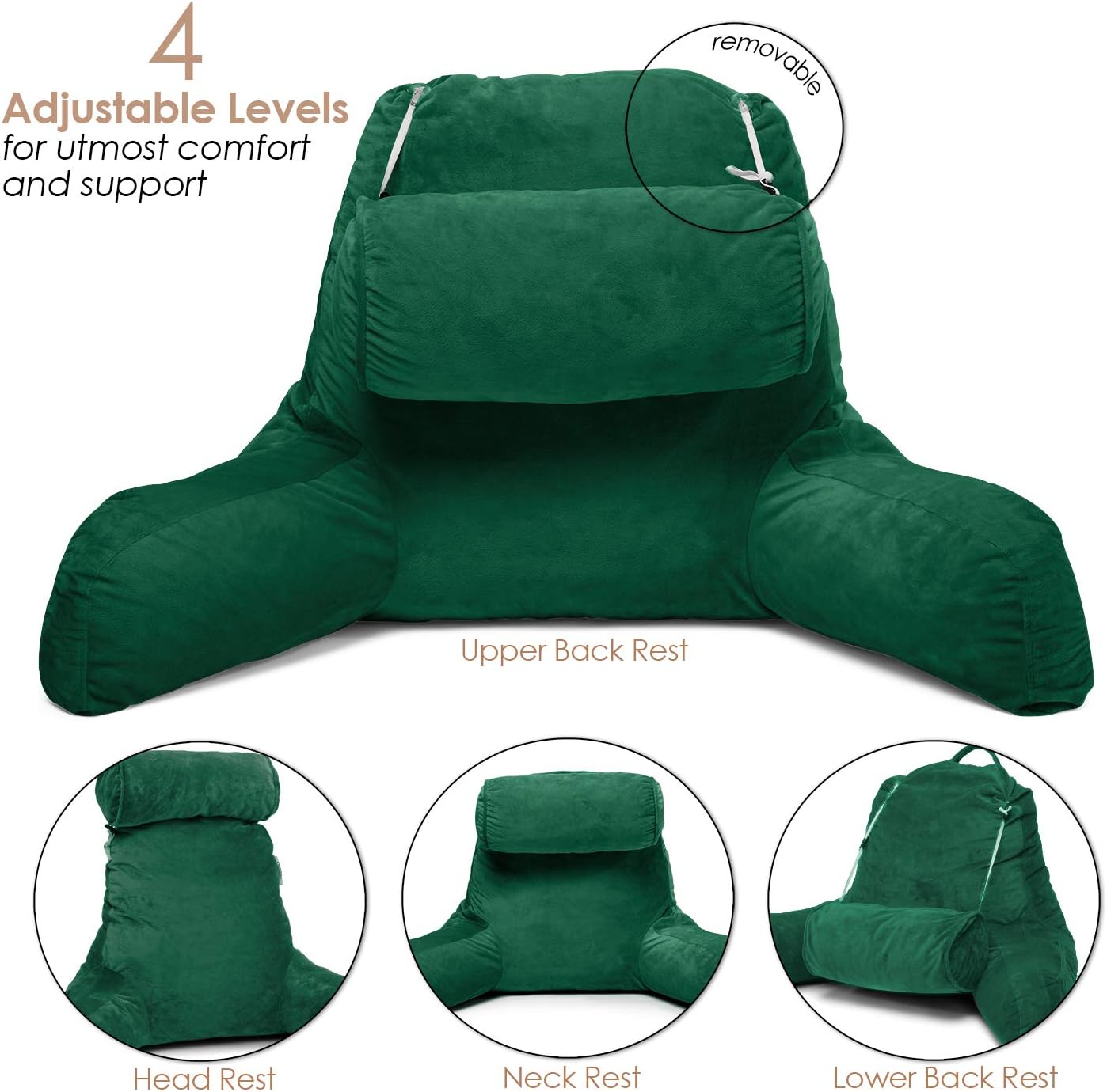 Clara Clark Bed Rest Reading Pillow with Arms and Pockets Premium Shredded Memory Foam, Detachable Neck Roll & Lumbar Support, Large, Hunter Green: Home & Kitchen