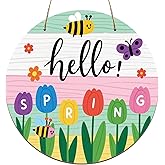 OZUEMUL Hello Spring Sign Colorful Tulip Flowers Spring Wreath Sign for Front Door Welcome Spring Door Sign Farmhouse Spring Decorations for Home Wreath Wall Porch Indoor Outdoor