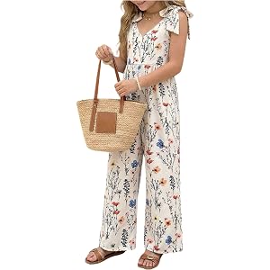 Floerns Girl's Floral Tie Shoulder Summer Jumpsuit Smocked Wide Leg Pants Rompers One Piece Outfits