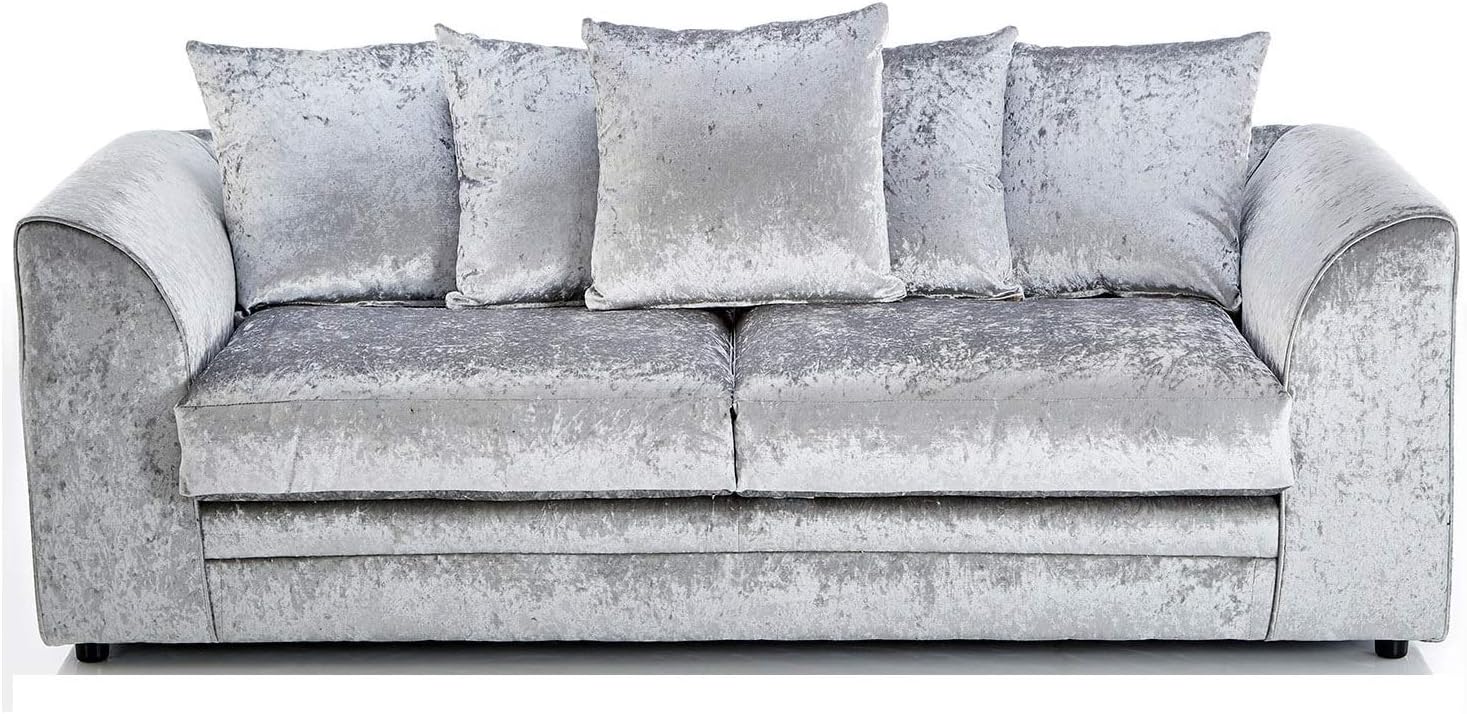 Limitless Home Mylon 3 Seater Sofa Crushed Velvet in Black with Scatterback Cushions (Silver)