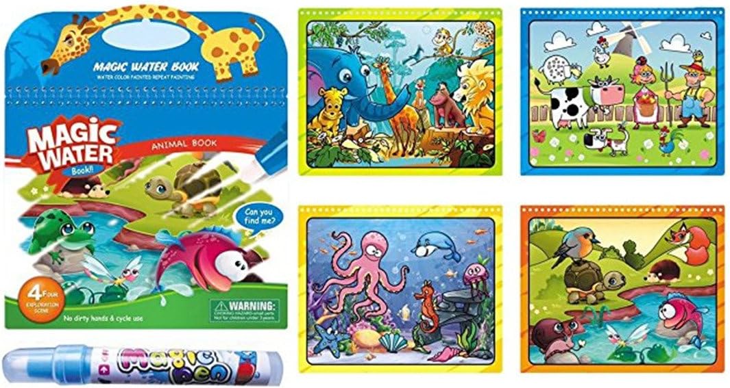 KENROLL 1 Pcs Colouring Books, Reusable Magic Water Book Drawing Pad with Refillable Water Pen for children Toddlers painting learning