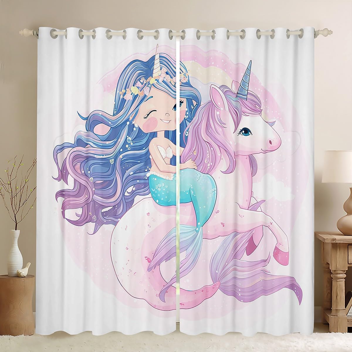 Manfei Princess Girl Blackout Curtain Cute Mermaid Unicorn Window Drapes for Kids Women Room Decor, Cartoon Rainbow Unicorn Window Treatments, Grommet Top 2 Panel Set Bedroom Curtains, 46Wx54L inch